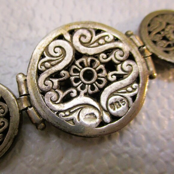 STERLING SILVER Ethnic Medallion Link Bracelet ~ VINTAGE Scroll 925 Bracelet